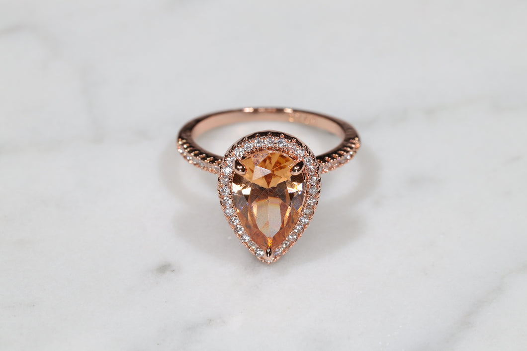 Pear Shaped Cubic Zirconia Ring over Silver in Rose Gold