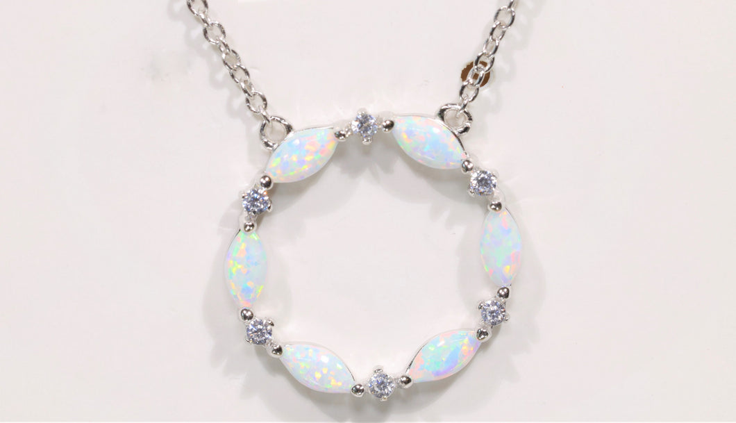 Sterling Silver Lab Opal and CZ Circle Necklace